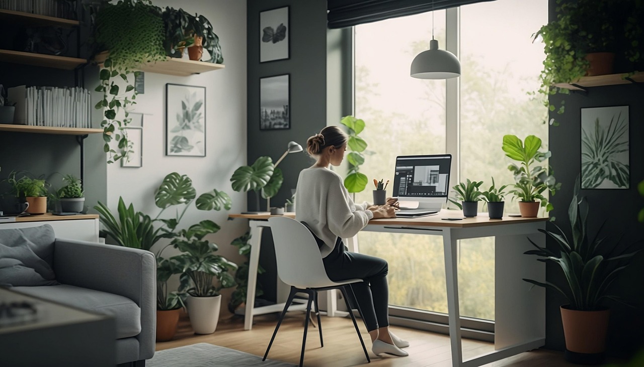 Vastu-compliant home office with natural light and plants